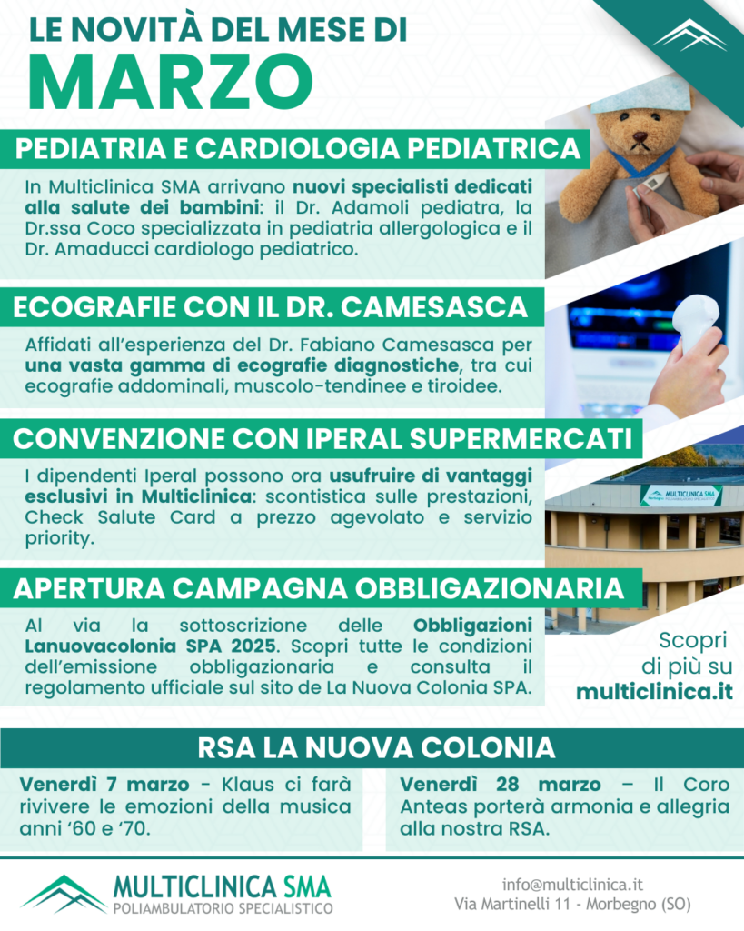 locandina con tutte le Novità di marzo in Multiclinica SMA